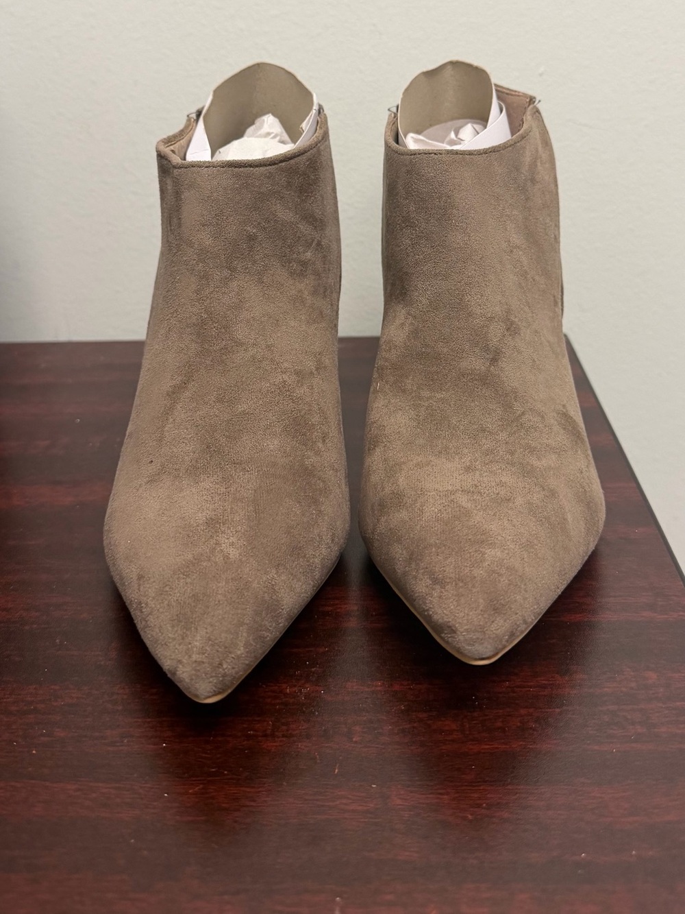 Pointed Toe Suede Ankle Booties in Taupe